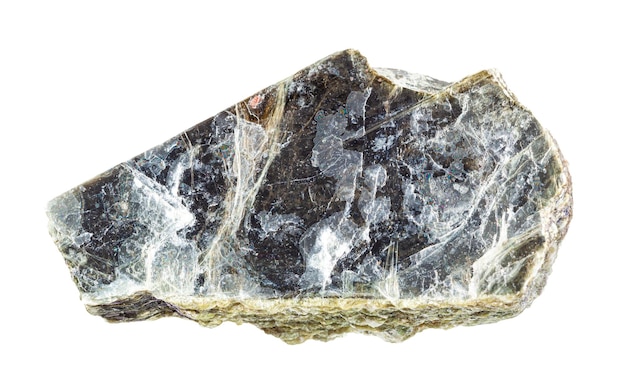 closeup of sample of natural mineral from geological collection common muscovite mica isolated on white background