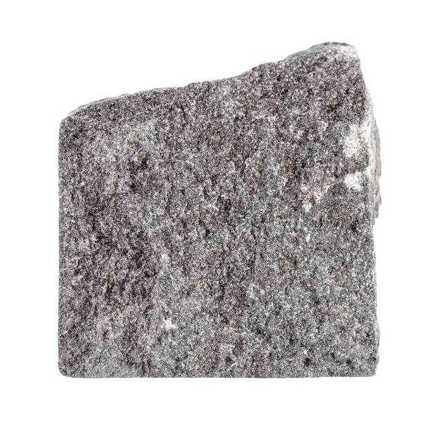 Closeup of sample of natural mineral from geological collection piece of raw Gabbro rock isolated on white background