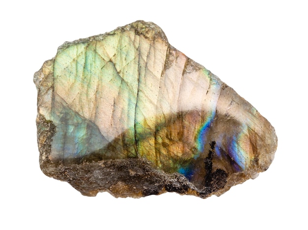 closeup of sample of natural mineral from geological collection polished Labradorite rock isolated on white background