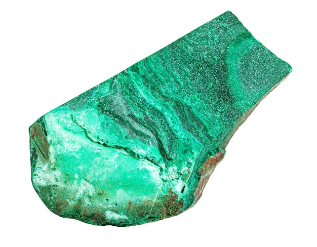 Closeup of sample of natural mineral from geological collection raw Malachite stone isolated on white background