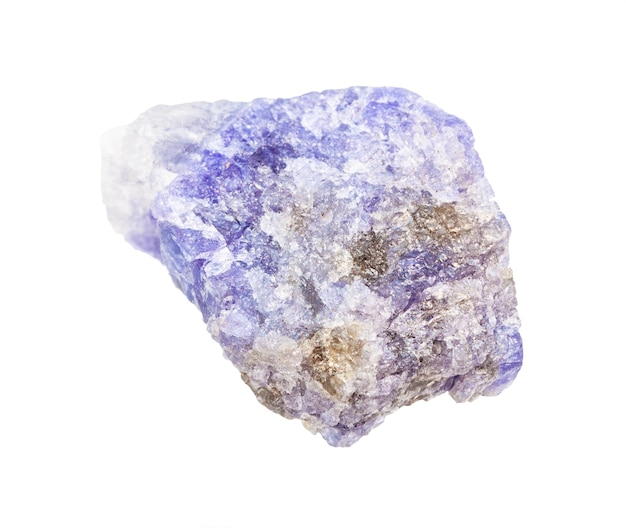 closeup of sample of natural mineral from geological collection raw Tanzanite blue violet zoisite rock isolated on white background