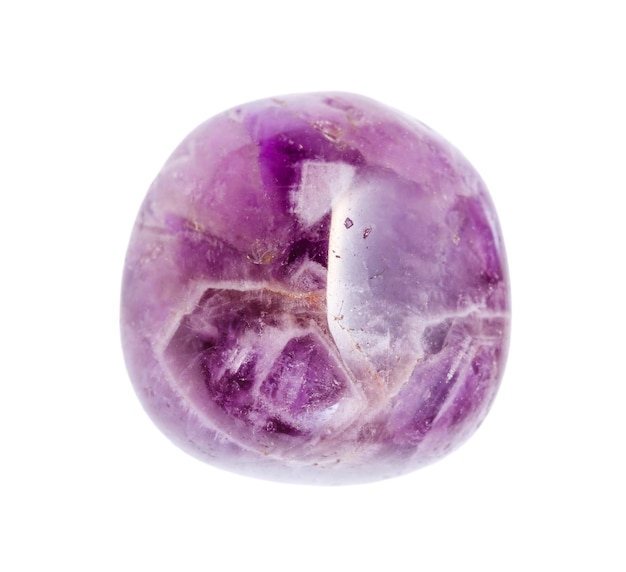 closeup of sample of natural mineral from geological collection rolled Amethyst gem stone isolated on white background