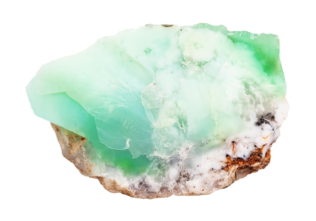 Closeup of sample of natural mineral from geological collection rough Chrysoprase rock isolated on white background