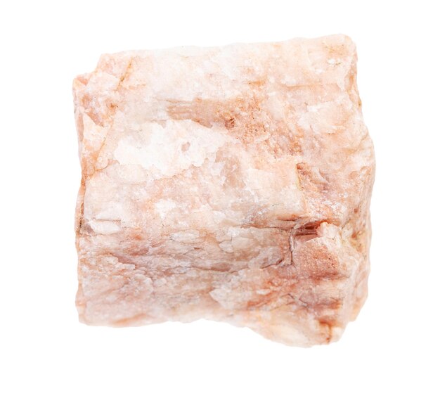 Closeup of sample of natural mineral from geological collection rough Feldspar rock isolated on white background