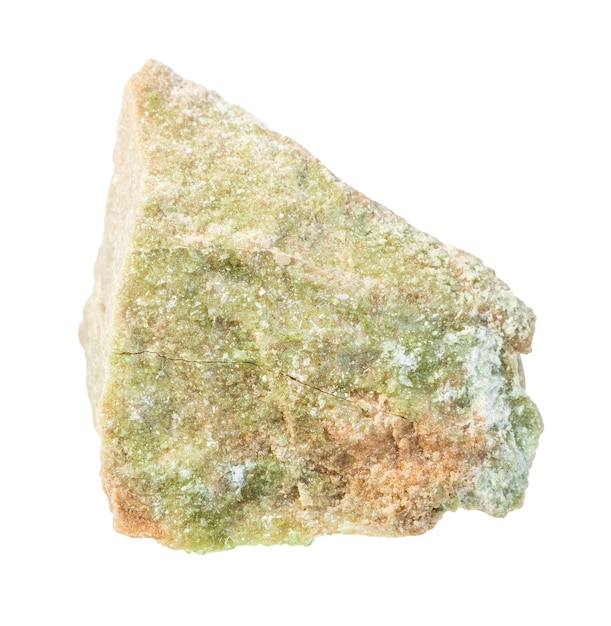 closeup of sample of natural mineral from geological collection rough Vesuvianite rock isolated on white background