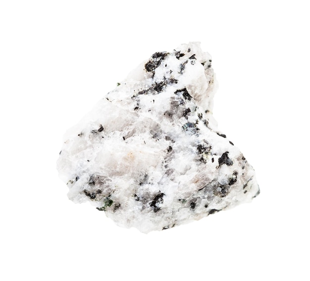 closeup of sample of natural mineral from geological collection unpolished diorite rock isolated on white background