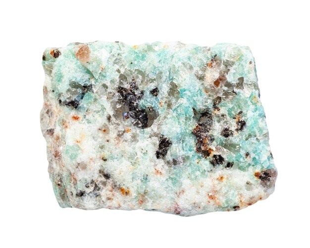 Closeup of sample of natural mineral from geological collection unpolished green amazonite granite rock isolated on white background