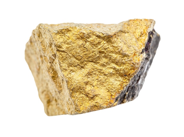 closeup of sample of natural mineral from geological collection unpolished yellow Chalcopyrite rock isolated on white background