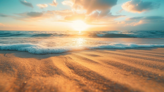 Closeup of sand on beach and blue summer sky Panoramic beach landscape Empty tropical beach and seascape Orange and golden sunset sky soft sand calmness tranquil relaxing sunlight summer