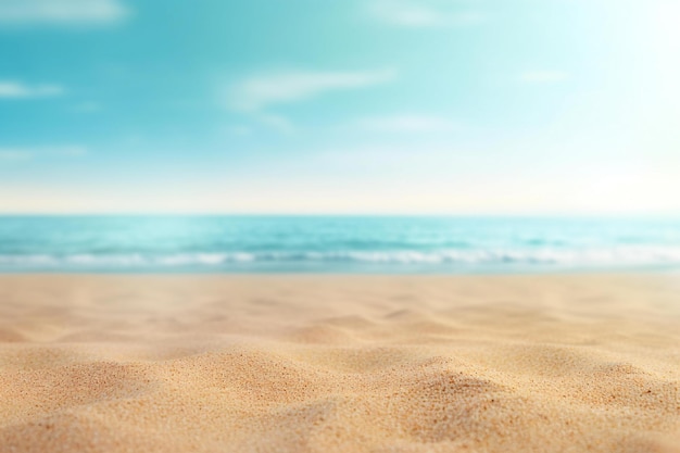 Closeup of sand on beach with blurred sea background Summer vacation and travel concept