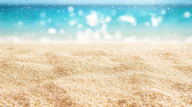 Photo closeup sand texture with blurry blue ocean background