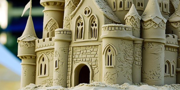 Closeup of a sandcastle under construction on the beach highlighting the intricate details and