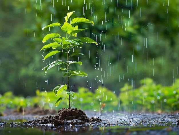 Closeup of a sapling in a rain shower with rainwater dripping from the edges of its bright green leaves and pooling around the base conveying a sense of vitality and renewal