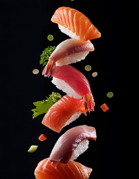 Photo a closeup of sashimi with a variety of ingredients including shrimp falling on black background