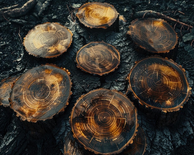 Photo closeup of sawmill logs with visible tree rings timber patterns and sawmill rings natures