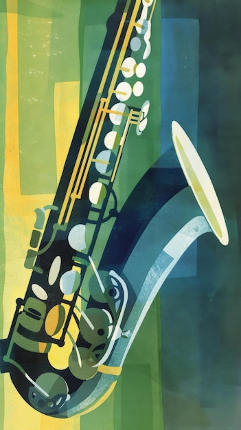 A closeup of a saxophone with abstract color blocking