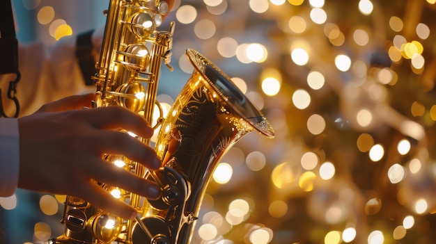 Closeup of a saxophonist playing amidst warm festive lights creating a vibrant and joyful holiday atmosphere