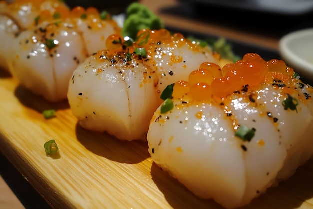 Closeup of Scallop Sushi Topped with Ikura and Black Pepper