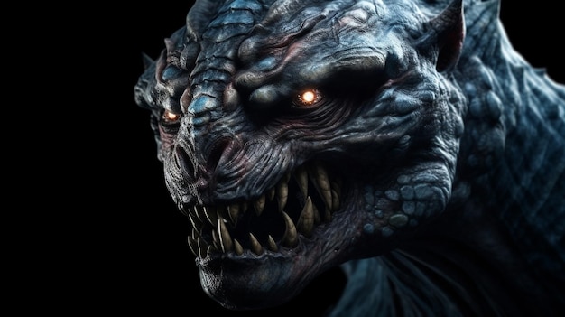 Closeup of a scary monster with an open mouth on a black backgroundgenerative ai