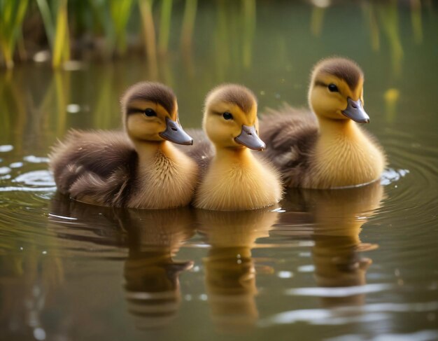 closeup scene of a group of baby ducks paddling in a pond