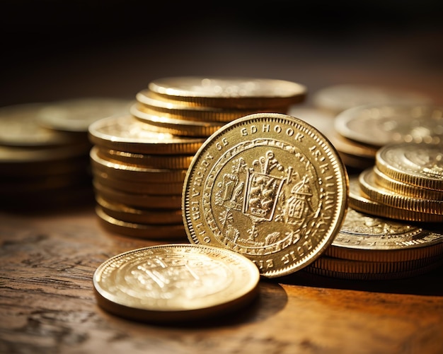 Closeup of a Schorndorf Gold Coin with Coat of Arms on a Wooden Surface