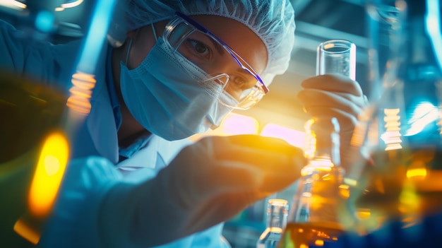 Closeup of a scientist or doctors hand in rubber glove holding a vaccine vial for injection