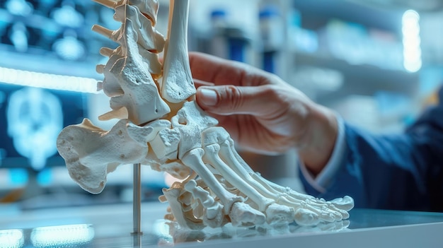 Closeup of a scientist examining a 3D printed human foot bone model in a laboratory