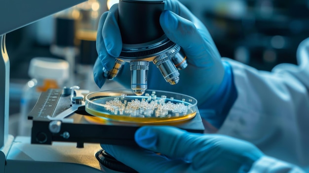 A closeup of a scientists hands holding a petri dish with a new bacteria culture under a microscope