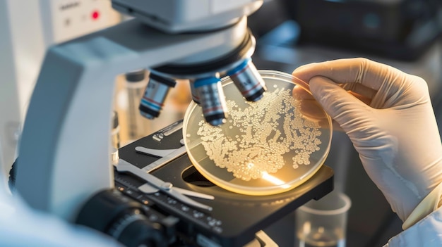 A closeup of a scientists hands holding a petri dish with a new bacteria culture under a microscope