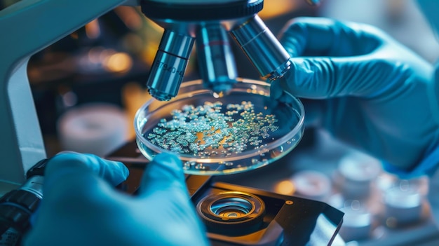 A closeup of a scientists hands holding a petri dish with a new bacteria culture under a microscope