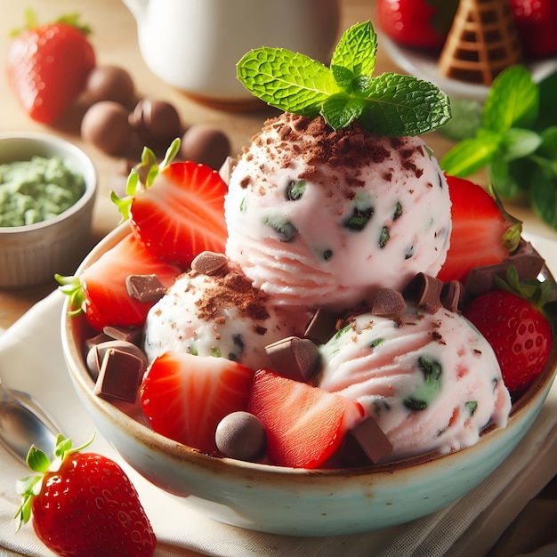 A closeup of a scoop of mint chocolate chip ice cream being served with fresh mint leaves