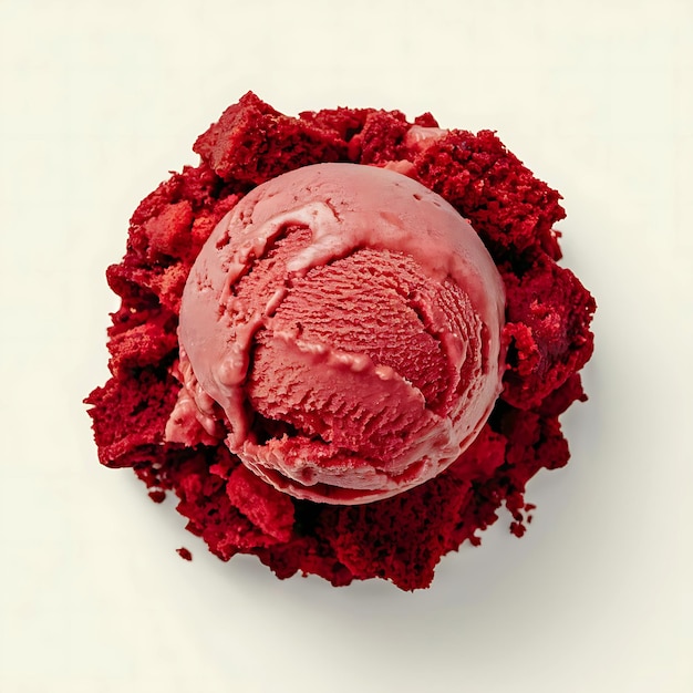 Photo closeup of a scoop of red velvet ice cream on crumbled cake