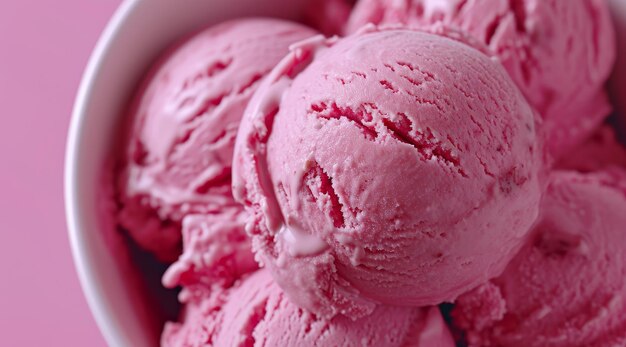 Closeup of Scoops of Strawberry Ice Cream in a Bowl