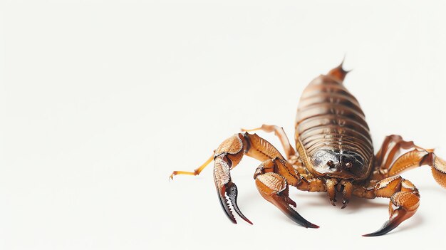 A closeup of a scorpion isolated on a white background The scorpion has its pincers raised and is f