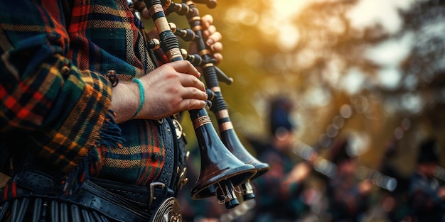 Photo a closeup of a scottish bagpiper playing the bagpipes in traditional attire during an outdoor event with blurred background