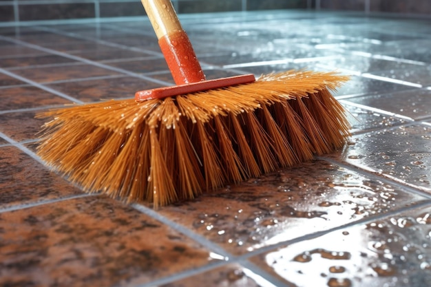 Closeup of scrub brush bristles on a wet floor