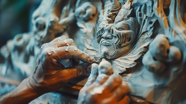 Photo a closeup of a sculptors hands carefully shaping a clay sculpture of a demon face