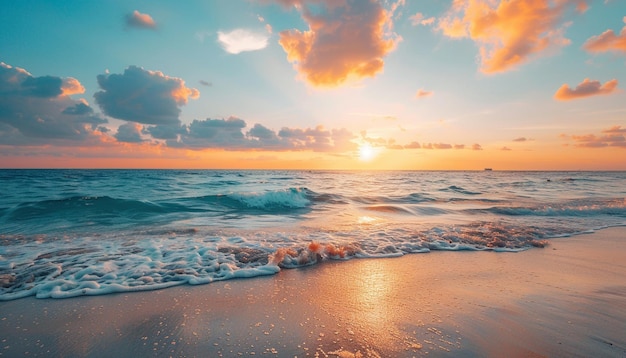 Closeup sea sand beach Panoramic beach landscape Inspire tropical seascape horizon Orange and golden