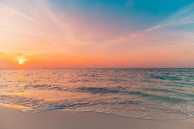 Closeup sea sand beach. Waves surf, idyllic nature seaside. Inspire tropical shore seascape horizon