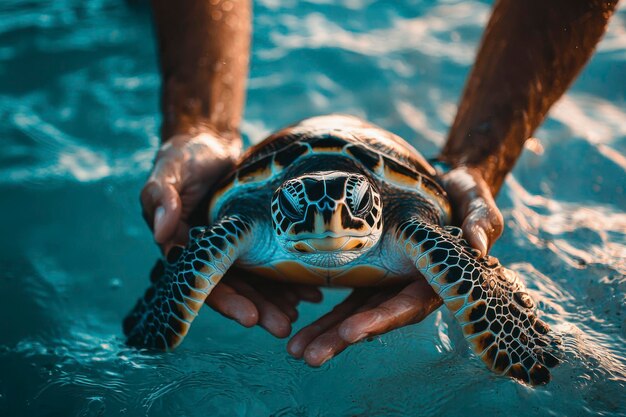 Photo closeup of a sea turtle being held by hands in the water