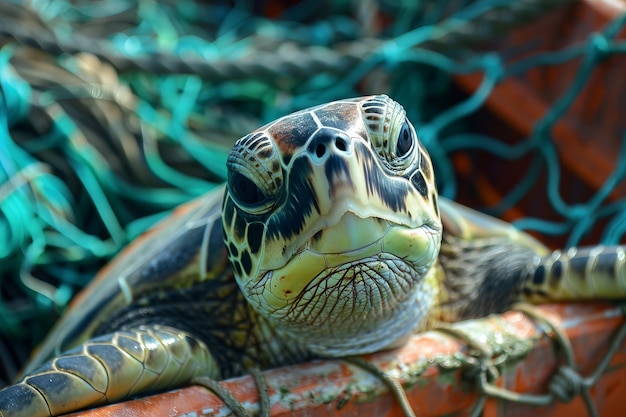 Photo a closeup of a sea turtle stuck in a fishing net turtle rescue wildlife conservation