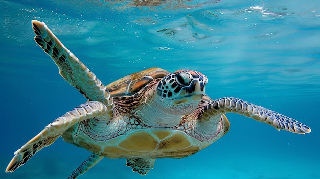 Closeup of a sea turtle swimming gracefully in clear blue waters its flippers propelling it through the ocean with effortless ease and grace