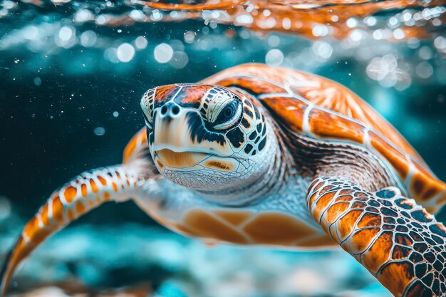 Photo closeup of a sea turtle swimming underwater