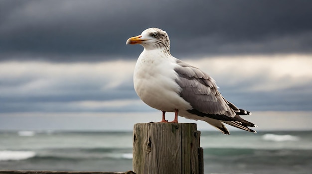 CloseUp Seagull Perched on Weathered Wooden Post