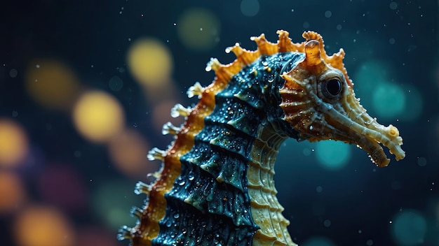 Photo closeup of seahorse cinematic deep sea background bokeh high detail