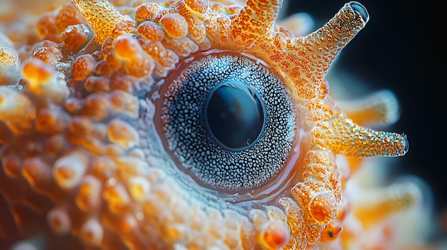 Closeup of a seahorse39s eye with a dark pupil and textured skin