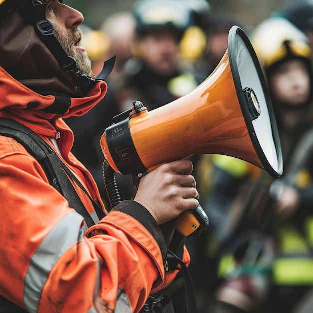 Photo closeup of a search and rescue team member39s hands holding a megaphone to communicate with survivors job id 9d804b5bc30642a196e1bb7f64f2741a