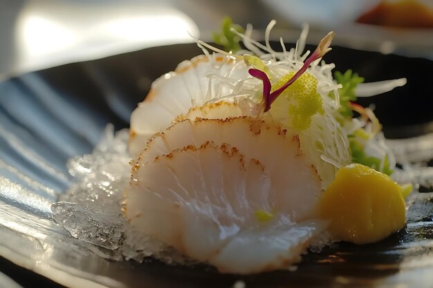 Photo closeup of seared scallops on ice with garnishes