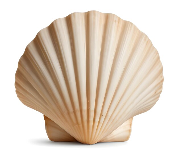 A closeup of a seashell specifically a scallop shellThe shell has a distinctive fanlike shape wi