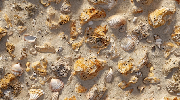 A closeup of seashells and coral on a sandy beach